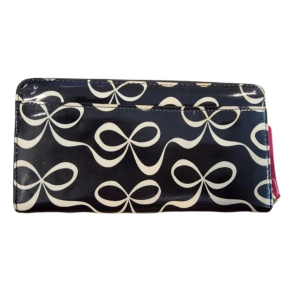KATE SPADE Daycation Neda Zip Around Wallet Coated Canvas Black White Bows Print - Picture 2 of 7